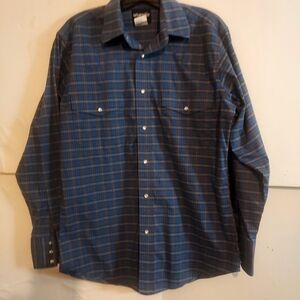 Wrangler Pearl Snap Men's Blue Plaid Shirt Medium MWR No Wrinkle easy Care